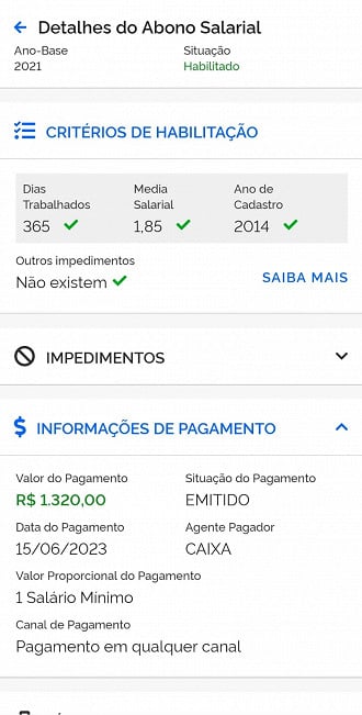 Consulta ao abono salarial ano base 2020 no app CTPS Digital