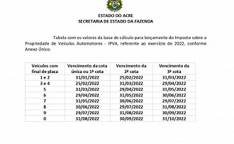 Cronograma de pagamento do Estado do Acre. Créditos: Divulgação/Detran-AC
