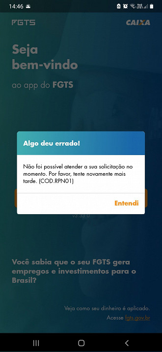 Aplicativo do FGTS ficou fora do ar para consulta na sexta-feira, 8. Imagem: Caixa. Aplicativo do FGTS ficou fora do ar para consulta na sexta-feira, 8. Imagem: Caixa.