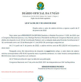 Lei fixa salário mínimo em R$ 1.212 para 2022 - Fonte: Diário Oficial