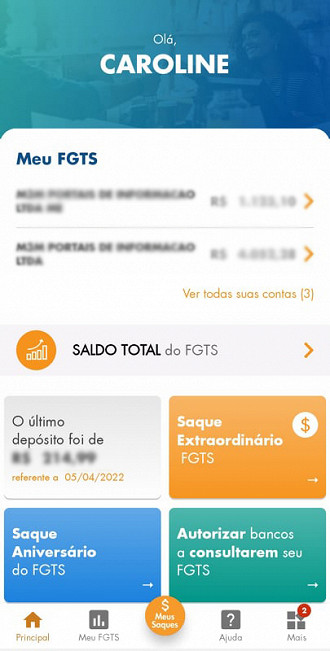 Aplicativo do FGTS informa saldo de contas e consulta ao saque extraordinário. Imagem: Reprodução/FGTS.