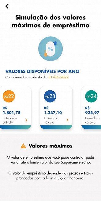 Aplicativo FGTS permite simulação do saque-aniversário antecipado. Imagem: Reprodução/Caixa.