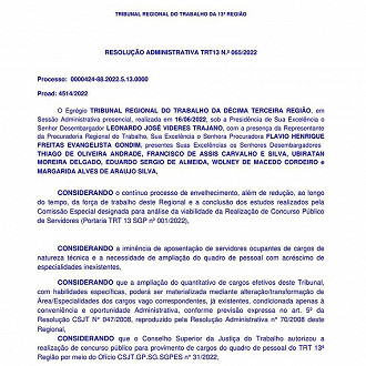 Autorização do concurso TRT-13 da Paraíba