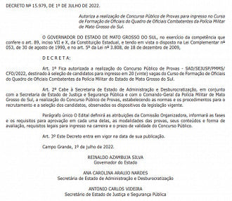 Autorização Curso de Formação de Oficiais do Quadro de Praças da Polícia Militar do Estado de Mato Grosso do Sul