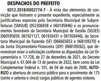 Autorização do Concurso da Prefeitura de São Paulo