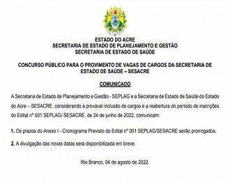 Comunicado SESACRE - Reabertura das inscrições