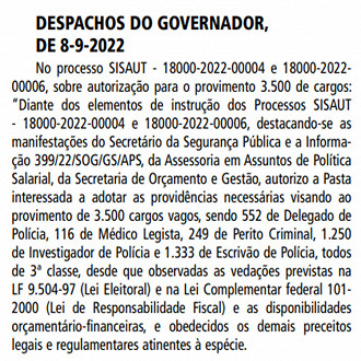 Concurso Polícia Civil - Autorização assinada no dia 09 de setembro de 2022