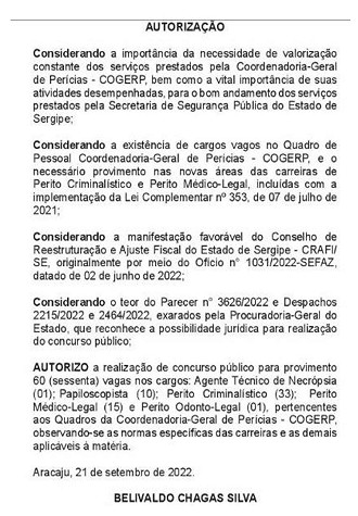 Concurso Perícia Oficial SE - Autorização