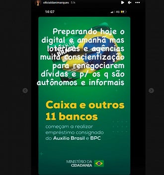 Presidente da Caixa, Daniella Marques, anuncia abertura do consignado do Auxílio Brasil - Foto: Divulgação Instagram
