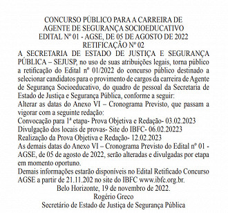 Concurso SEJUSP MG - Retificação do edital Concurso SEJUSP MG - Retificação do edital