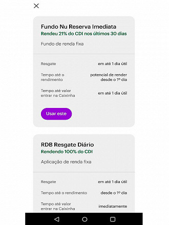 Fundo Nu Reserva Imediata possui parcela aplicada em outros ativos e por isso varia conforme o mercado - Fonte: Nubank Fundo Nu Reserva Imediata possui parcela aplicada em outros ativos e por isso varia conforme o mercado - Fonte: Nubank