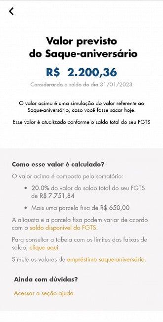 App FGTS mostra valor disponível para saque-aniversário. App FGTS mostra valor disponível para saque-aniversário.