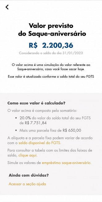 App FGTS mostra valor disponível para saque-aniversário.