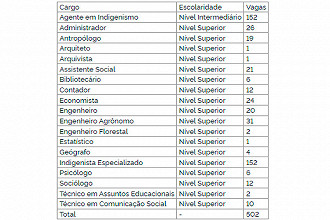 Cargos do concurso FUNAI 2023 - Fonte: Diário Oficial da União