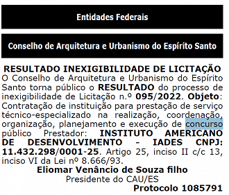 Presidência do CAU ES divulga resultado do processo de escolha da banca IADES - Reprodução