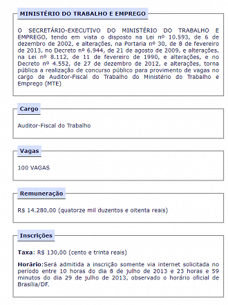 Último concurso público para Auditor Fiscal do Trabalho, há quase treze anos, pelo Cespe - Reprodução