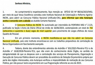 INCRA adere ao concurso unificado por meio de carta ao MGI