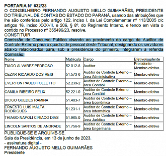 Comissão publicada no dia 16 de junho no Diário Oficial para concurso público do TCE-PR. - Reprodução