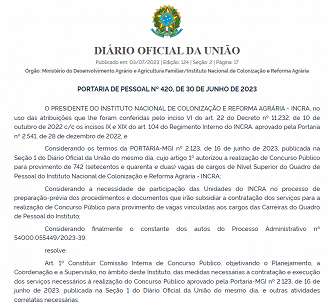 Criada a comissão do próximo concurso do INCRA, que deve ser realizado ainda em 2023 - Reprodução/DOU