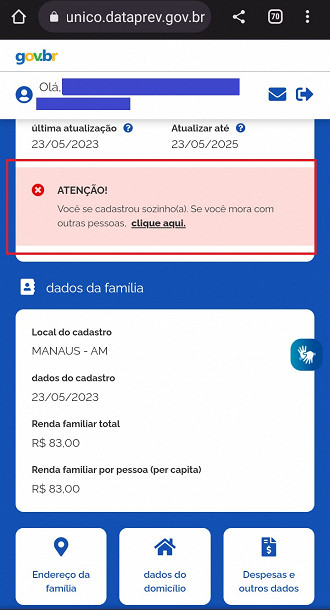 Portal do Cadúnico exibe aviso para famílias unipessoais