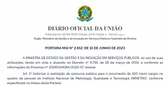 Concurso INMETRO está previsto em 2023 com total de 100 vagas - Reprodução/DOU