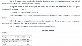 Publicada no Diário Oficial da União a portaria que autoriza concurso de 60 vagas para a CVM - Reprodução/DOU (19/07/2023).