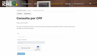 Consulta por CPF no site do Devolve ICMS