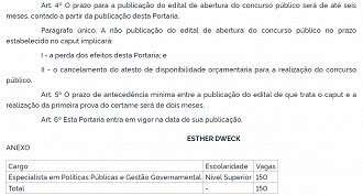 Ministra anuncia concurso para a carreira de Especialista em Políticas Públicas e Gestão Governamental - Concurso EPPGG. - Reprodução/DOU (19/07/2023)