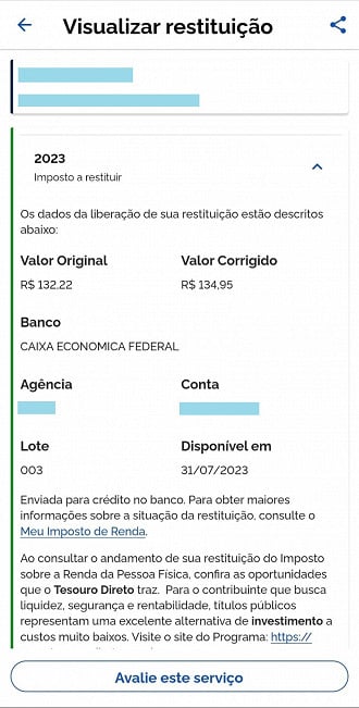 Meu Imposto de Renda informa o valor da restituição do IR