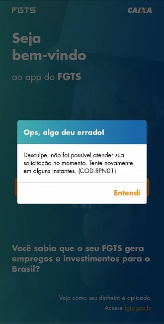 Aplicativo FGTS apresenta erro ao fazer login