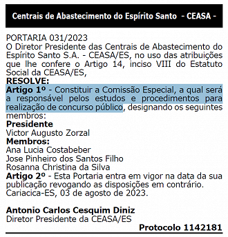 Concurso CEASA ES tem comissão formada - Créditos: Reprodução.