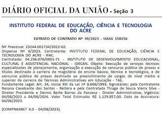 IDECAN é a banca do novo concurso para o IFAC - Créditos: Reprodução/DOU.