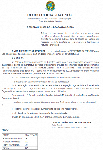 Governo autoriza nomeação de 257 aprovados no concurso do Ibama, realizado em 2021. - Créditos: Reprodução/DOU. Governo autoriza nomeação de 257 aprovados no concurso do Ibama, realizado em 2021. - Créditos: Reprodução/DOU.