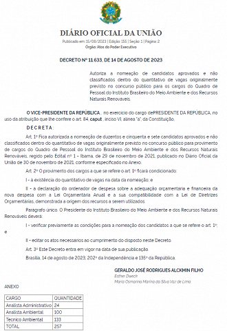 Governo autoriza nomeação de 257 aprovados no concurso do Ibama, realizado em 2021. - Créditos: Reprodução/DOU.