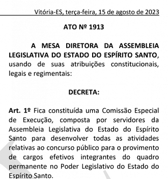 ALES anuncia em 2023 comissão para novo concurso. Créditos: Reprodução.