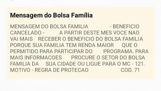 Mensagem do Bolsa Família cancelado