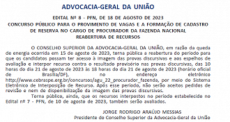 Conselho da AGU fixa novas datas no concurso de 2023 - Reprodução/DOU Conselho da AGU fixa novas datas no concurso de 2023 - Reprodução/DOU