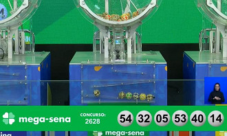 Números sorteados na Mega-Sena 2628. Créditos: Reprodução/Caixa Números sorteados na Mega-Sena 2628. Créditos: Reprodução/Caixa