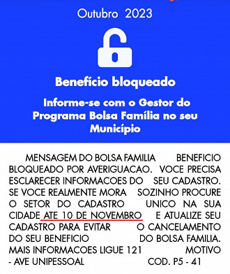 Bolsa Família bloqueado em outubro