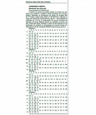 Gabaritos das provas da PMSP aplicadas em 17 de setembro para Soldados - Fonte: Diário Oficial