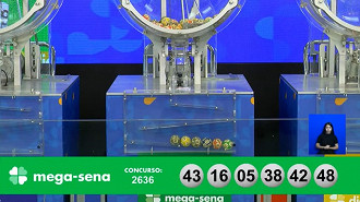 Números sorteados na Mega-Sena 2636. Créditos: Reprodução/Caixa Números sorteados na Mega-Sena 2636. Créditos: Reprodução/Caixa