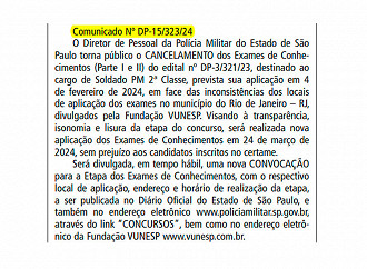 Vunesp cancela provas de 04/02 e remarca etapa para 24/03 - Imagem: Diário Oficial do Estado