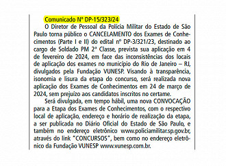 Vunesp cancela provas de 04/02 e remarca etapa para 24/03 - Imagem: Diário Oficial do Estado Vunesp cancela provas de 04/02 e remarca etapa para 24/03 - Imagem: Diário Oficial do Estado