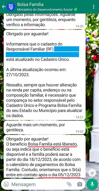 Whatsapp do Bolsa Família exibe informações sobre a parcela de dezembro.