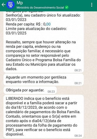 Whatsapp do Bolsa Família mostra situação do benefício em dezembro.