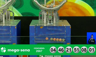 Números sorteados na Mega-Sena 2667. Créditos: Reprodução Números sorteados na Mega-Sena 2667. Créditos: Reprodução
