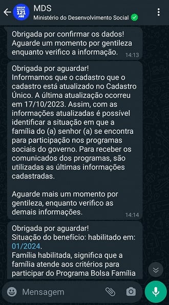 Whatsapp do Bolsa Família mostra situação do benefício em janeiro.