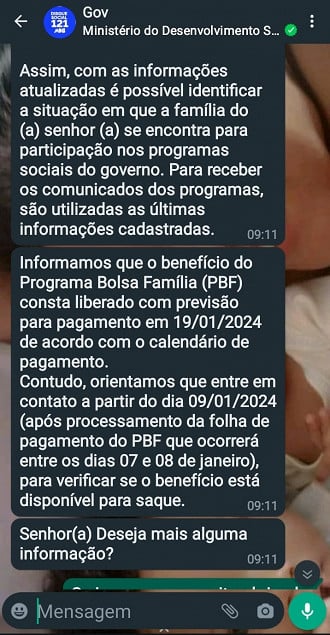 Whatsapp do Bolsa Família mostra situação do benefício em janeiro.