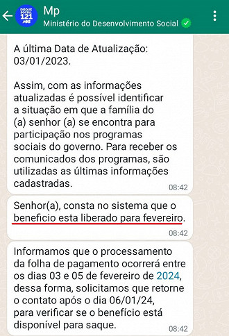 Whatsapp do Bolsa Família mostra benefício liberado em fevereiro