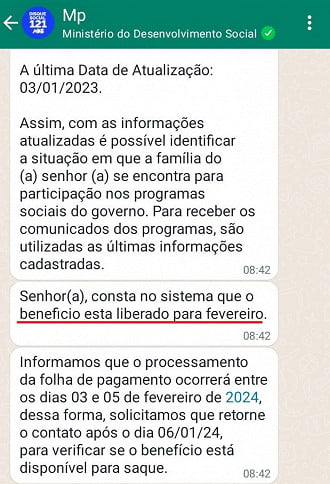 Whatsapp do Bolsa Família mostra benefício liberado em fevereiro